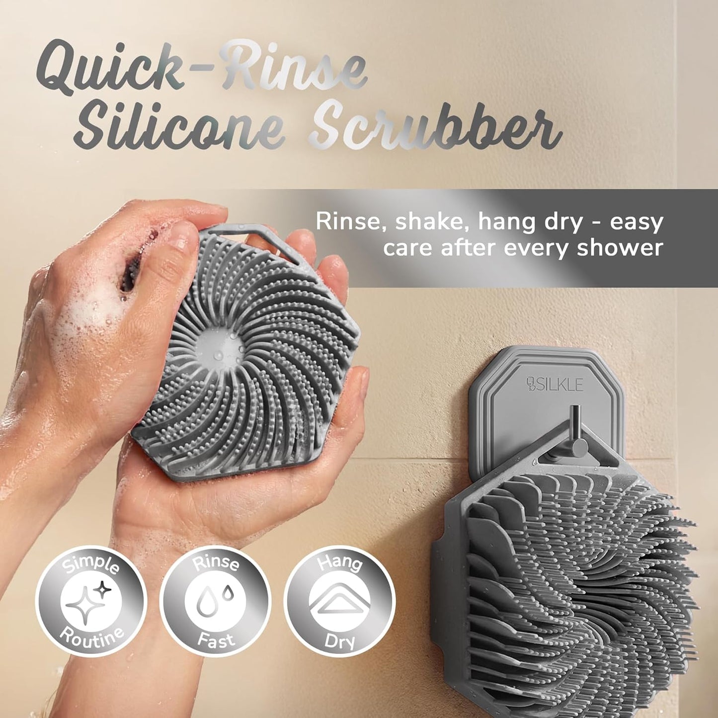 SILKLE Silicone Body Scrubber – Gentle Exfoliating Shower Scrubber for Body & Bath, Silicone Shower Brush & Loofah Alternative – Non-Slip Silicone Body Brush, Quick Dry, Hygienic - Pink