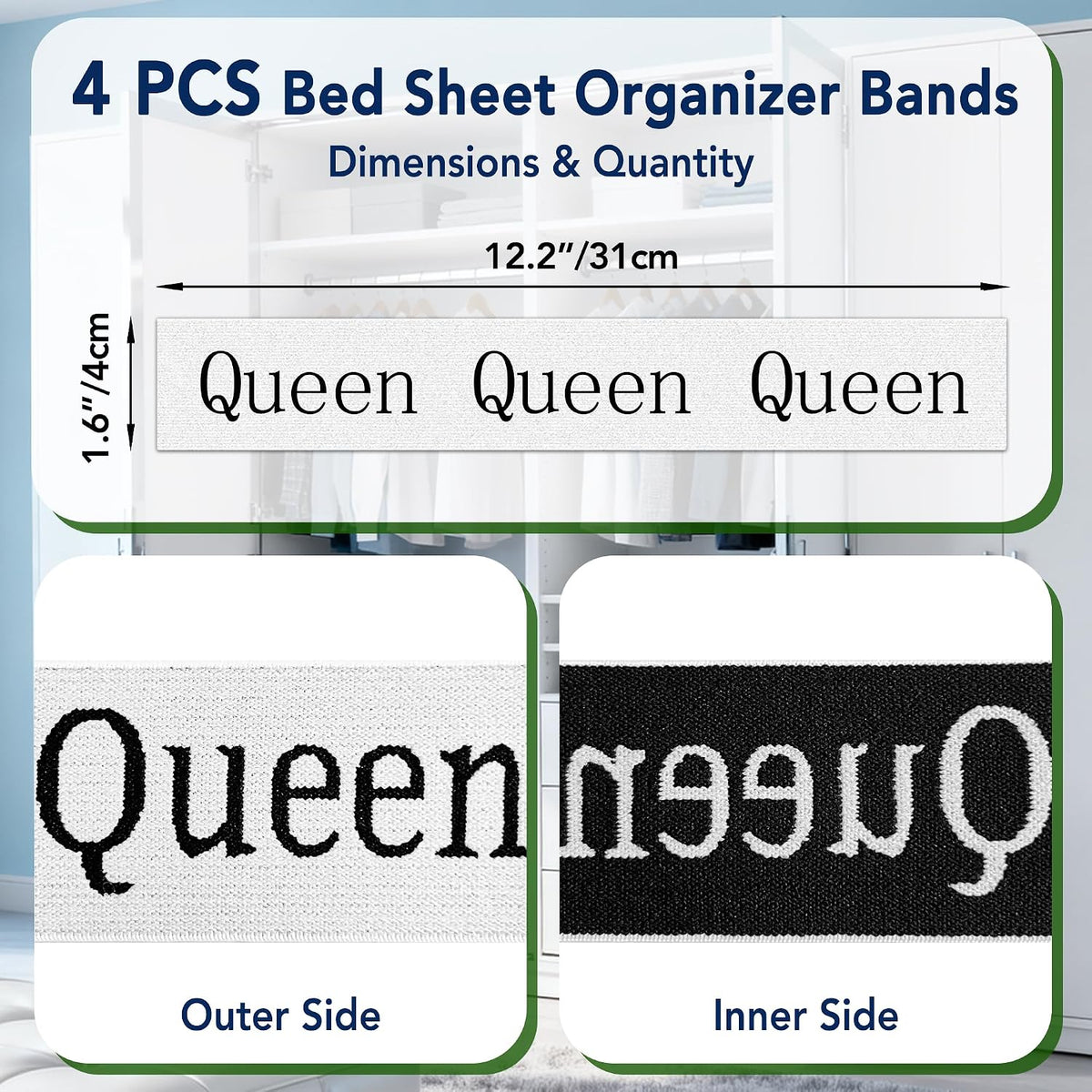 20 Pack Elastic Bed Sheet Organizer Bands with Size Labels，Elastic Bedding Band Labels for Organizing Bed Sheets with Assorted Sizes