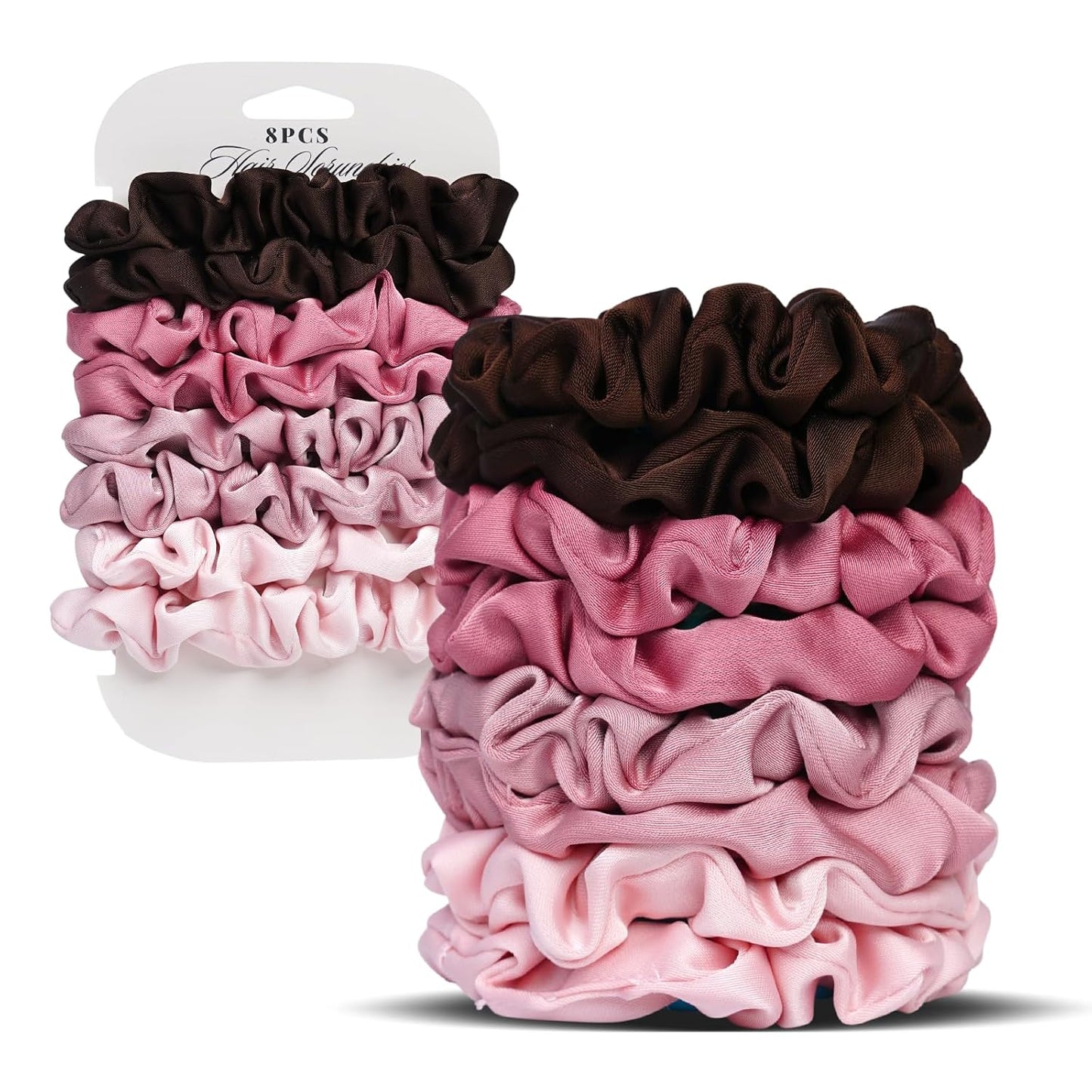 Satin Scrunchies for Women – 8PCS Blush & Brown Silk Hair Ties Set – No Crease, Frizz-Free, Gentle Elastic Hair Bands, Soft & Stylish Everyday Hair Accessories Gifts