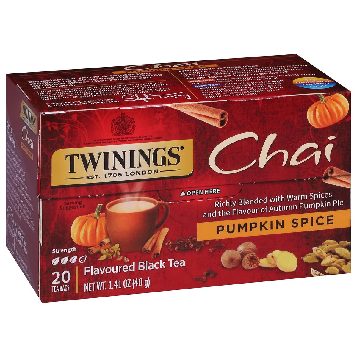 Twinings Pumpkin Spice Chai Black Tea Individually Wrapped Bags, 20 Count (Pack of 6), Warm, Spicy & Aromatic, Caffeinated, Enjoy Hot or Iced, 120 Teabags