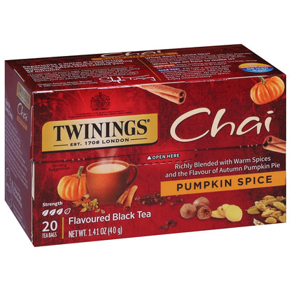 Twinings Pumpkin Spice Chai Black Tea Individually Wrapped Bags, 20 Count (Pack of 6), Warm, Spicy & Aromatic, Caffeinated, Enjoy Hot or Iced, 120 Teabags