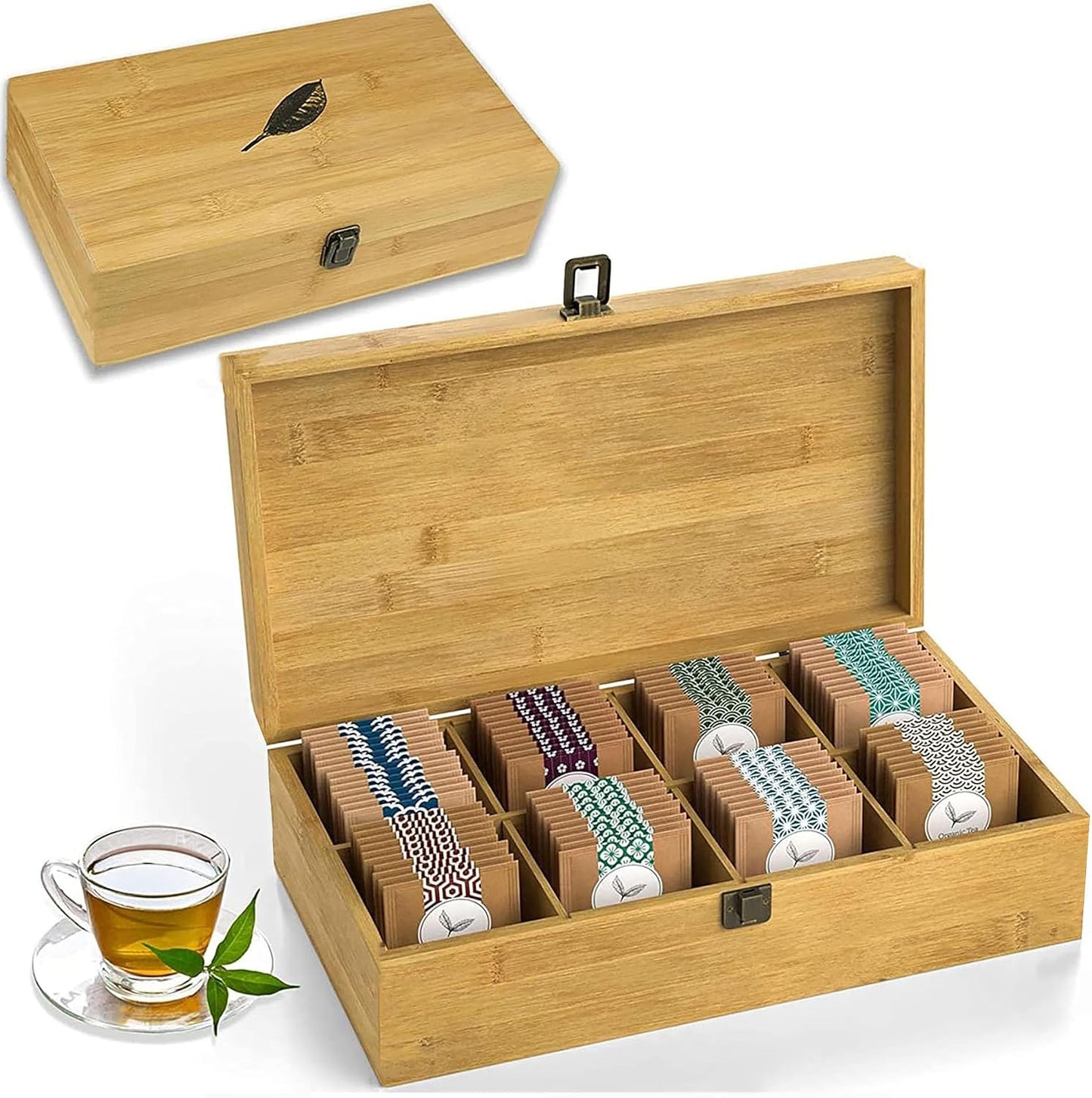Tea Organizer Box Food Safe Chemical Free Bamboo Wood Storage Chest Big, Tall, Adjustable Cubbies (8-Slot 14.3" x 8.1" x 4.2" with TEA print design)