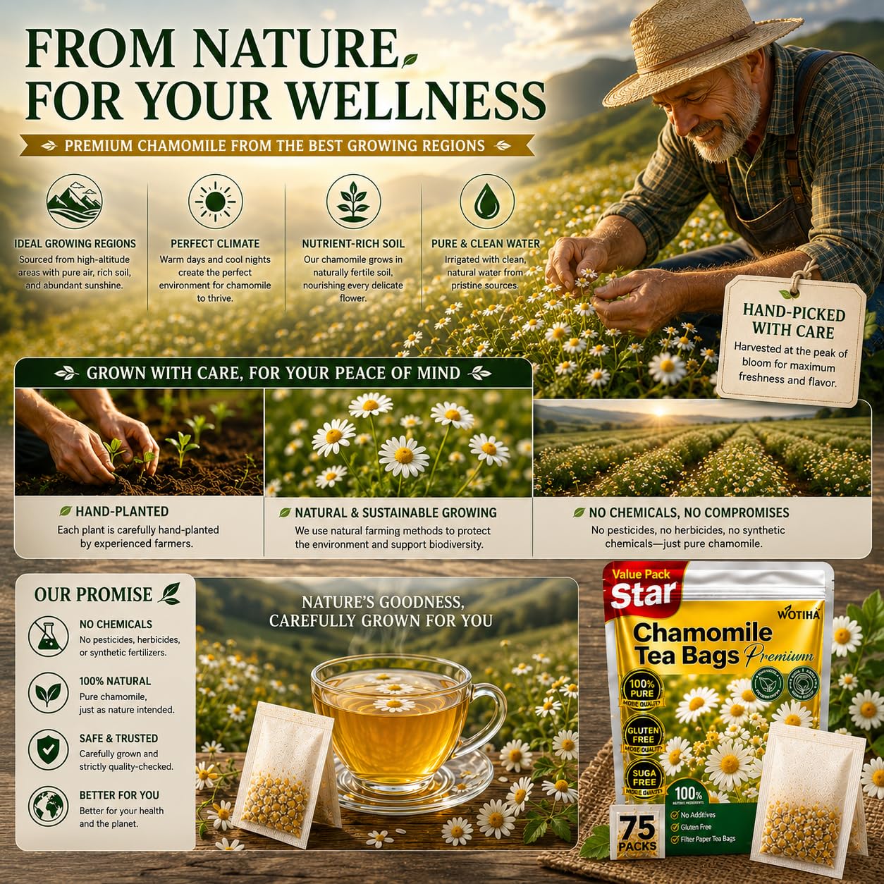 WOTIHA 75 Count Premium Chamomile Tea Bags - Pure Natural Chamomile Flowers, Supports Sleep & Relaxation, Eases Digestion, Caffeine-Free, Additive-Free, Sugar-Free, Vegan, Non-GMO.