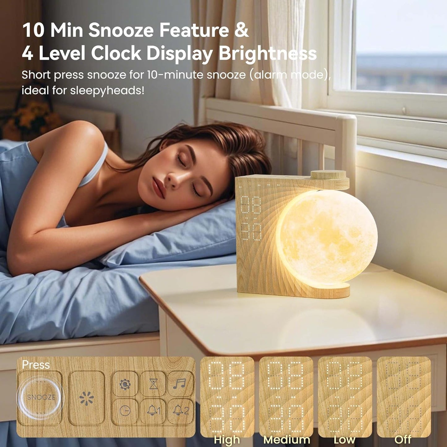 Sunrise Alarm Clocks for Heavy Sleepers,Night Lamp Clocks for Bedrooms with Moon Light,10 Light Effects,30/60/90 Timer,10 Sleep Nature Sounds,15 Ringtones,12 Volume Control with Snooze Function