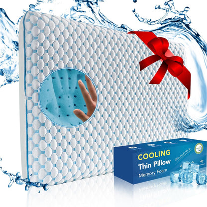 Thin Pillow for Sleeping, Cooling Gel Flat Pillow for Stomach and Back Sleepers, Ultra Slim Stomach Sleeping Pillows for Shoulder Neck Pain Relief, Low Profile Memory Foam Pillows 2.25-inches