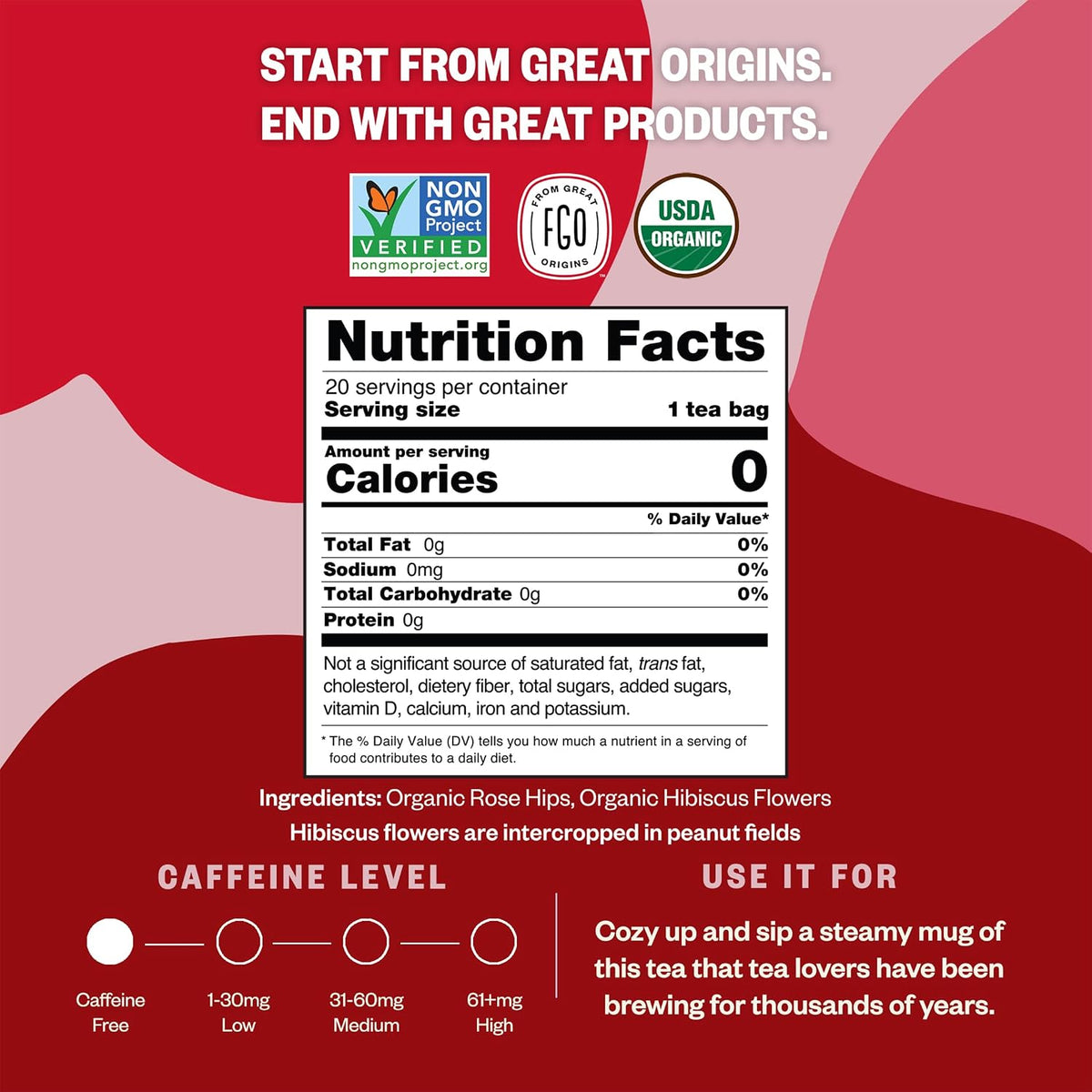 FGO Organic Rosehips Tea, 20 Count, Eco-Conscious Herbal Tea Bags, Resealable Bag, Caffeine Free, Packaging May Vary (Pack of 1)