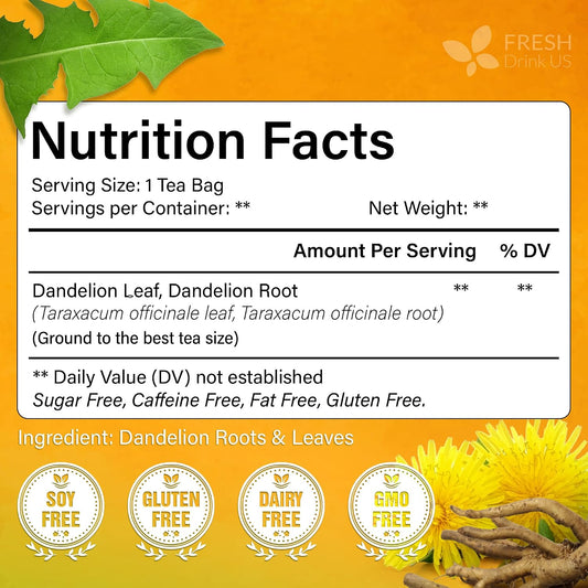FreshDrinkUS, Premium 75 Dandelion Leaf and Roots Tea Bags, 100% Natural & Pure, Herbal Tea, Daily Infusion Botanical, No Sugar, No Caffeine, No Gluten, Vegan. Powerful Support.