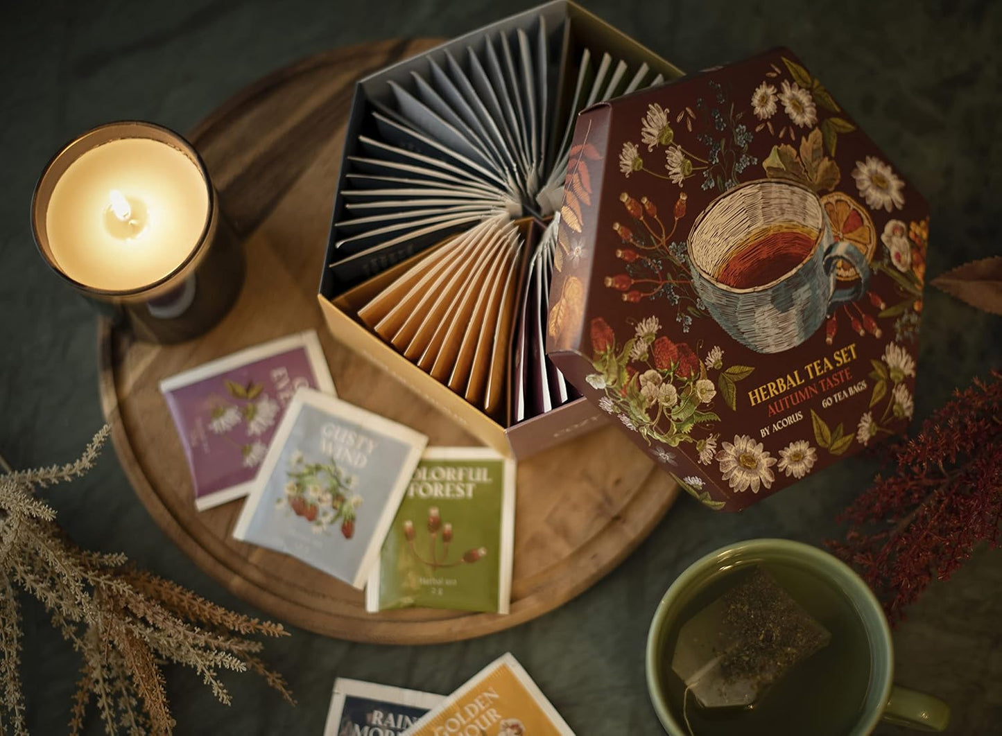 ACORUS Rituals Tea Set - Natural Fruit and Herbal Variety Pack, Tea Gift Set of 6 Different Teas, Sampler of 60 Bags Individually Wrapped