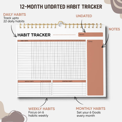 VEX ECOM LTD. Smiley Habit Tracker Calendar - 12 Months Undated Daily Weekly Period Tracker, Motivational Goal & Planner for Atomic Habits, Spiral Binding Self Care Journal, 8"x10"