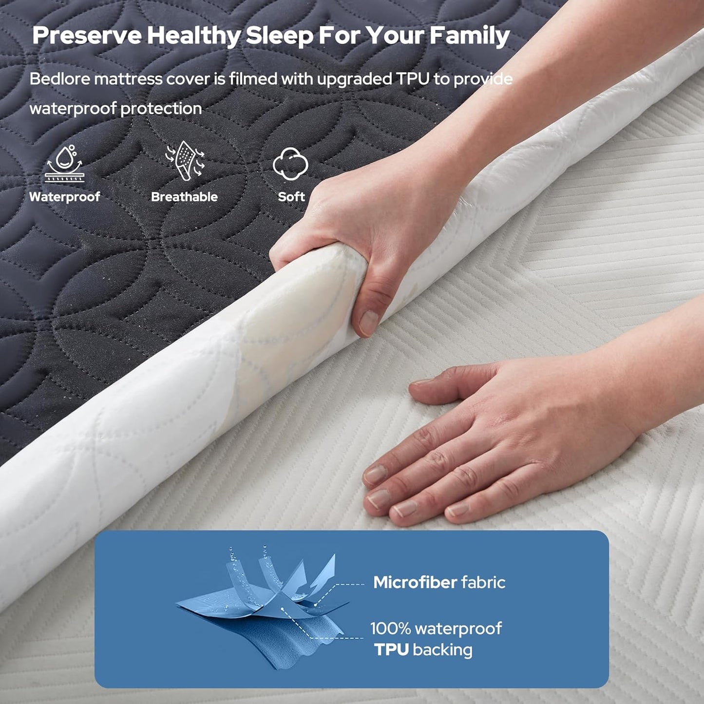 BEDLORE Waterproof Mattress Protector, King Size Mattress Pad with Deep Pocket 6"-18" Depth, Soft Noiseless Dirt-Proof Bed Mattress Cover Washable for Home, Bedroom, Hotel (Gray)