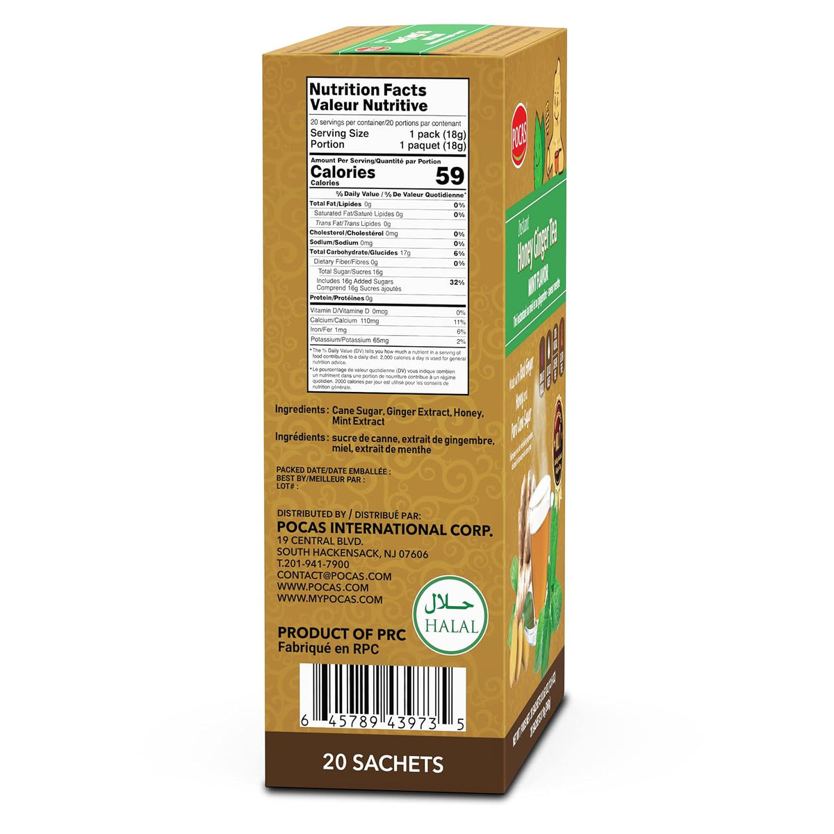 Pocas Honey Ginger Instant Tea Powder, Mint Flavor, Real Ginger Extract & Sweetener, Caffeine-Free Tea, 20 Packets