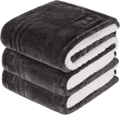 Sealy Heated Blanket Throw with Built-in Button Controller, Reversible Flannel to Sherpa Electric Blanket with 2-10 Hours Auto-Off & 4 Heating Levels, Over-Heat Protection, 50x60 inch, Beige