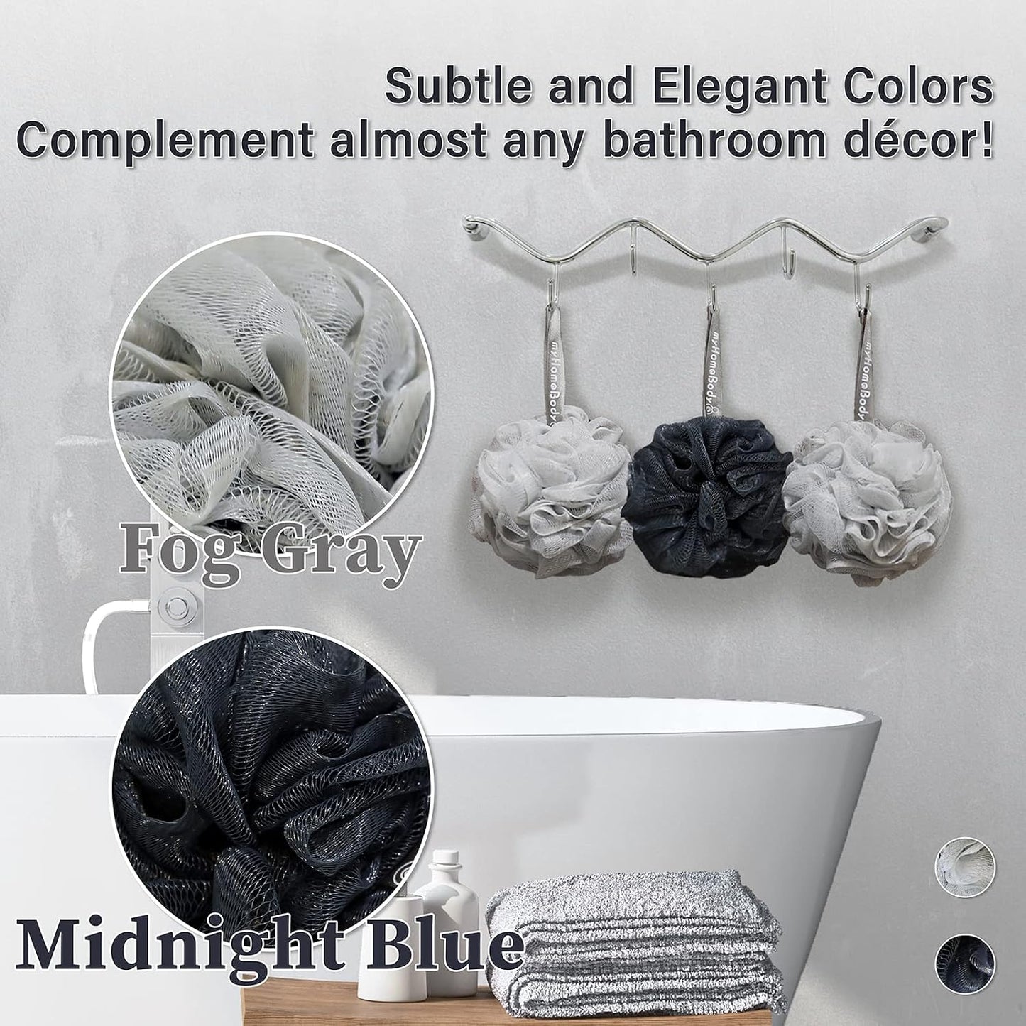myHomeBody Large 70g Loofah Sponge, Bath Body Scrubber for Women, Men, Exfoliating Shower Pouf with Activated Charcoal - 2 Graphite Gray + 1 Sage Green, 3 Pack
