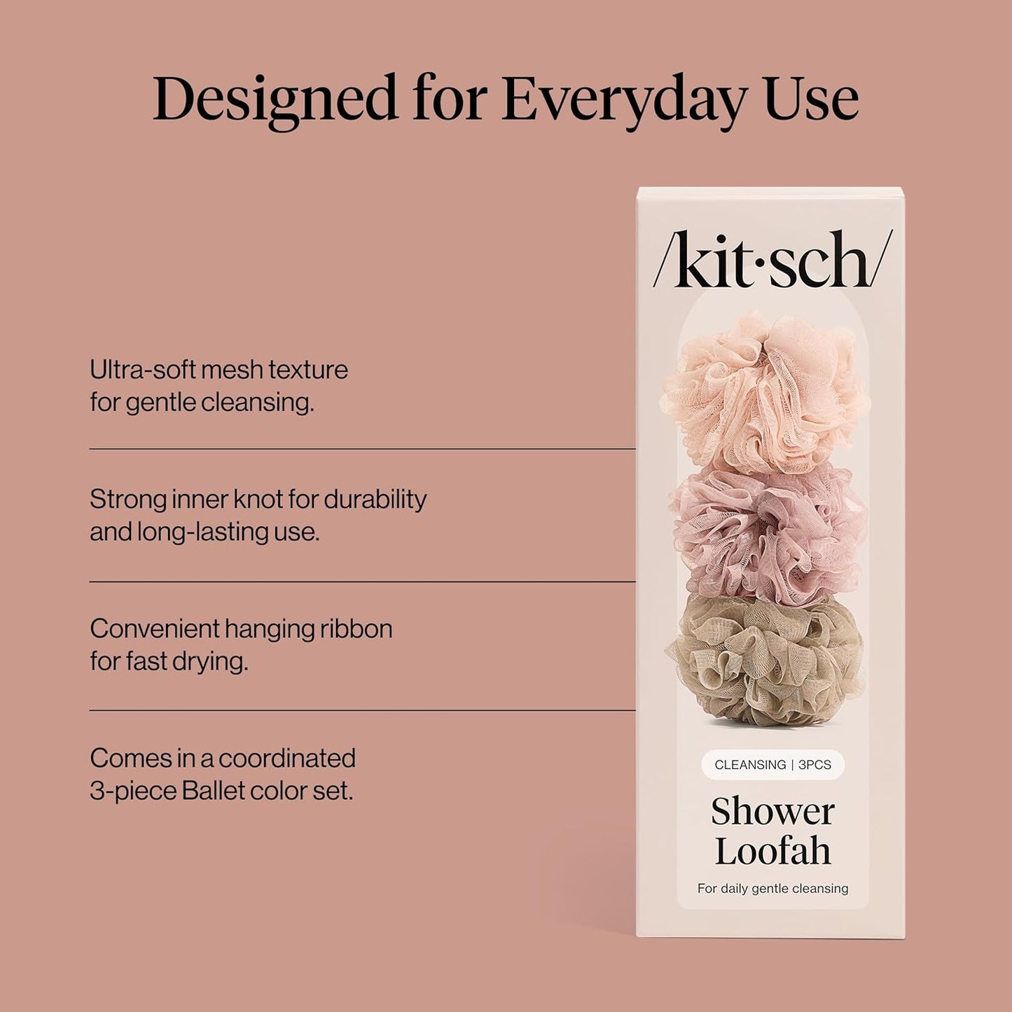 Kitsch Shower Loofah – Soft Mesh Body Scrubber & Bath Sponge for Daily Gentle Cleansing – Durable Loofah for Men and Women with Hanging Loop, Eco-Friendly, 100% PCR Material – 3pc Set, Ballet