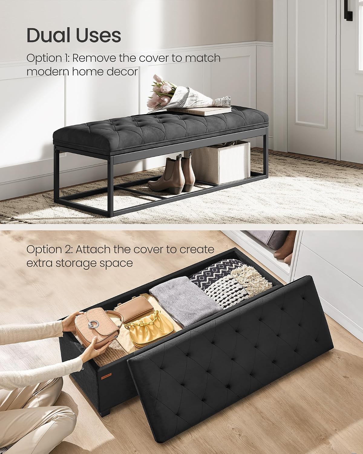 SONGMICS Storage Ottoman Bench, Foot Rest with Legs, 15.7 x 43.3 x 15.7 Inches, End of Bed Bench, Storage Chest, Load up to 660 lb, for Living Room, Bedroom, Entryway, Dark Gray ULSF088G01