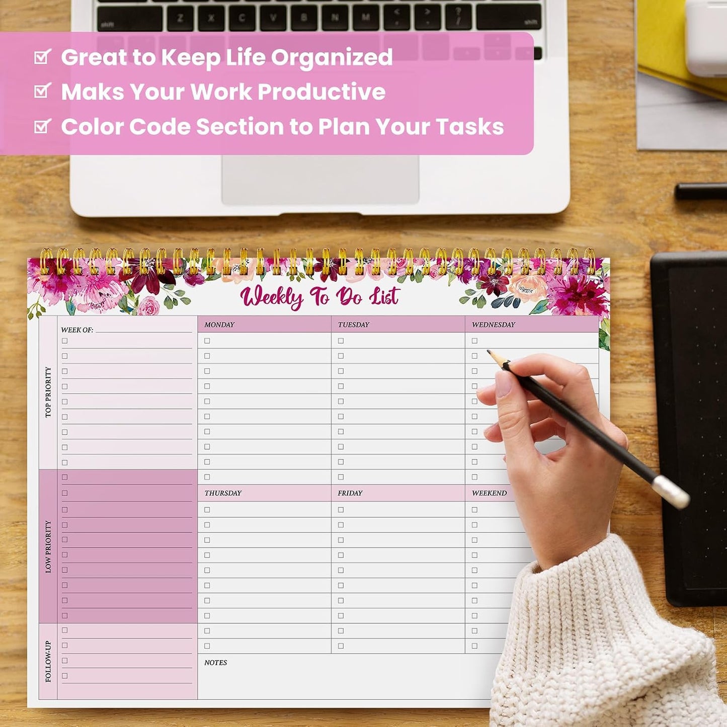 Weekly To Do List Notepad with 52 Undated Sheets（8.5"×11"）- Undated Weekly Planner Notepad for Office Desk Accessories and Supplies - Sunshine Petal
