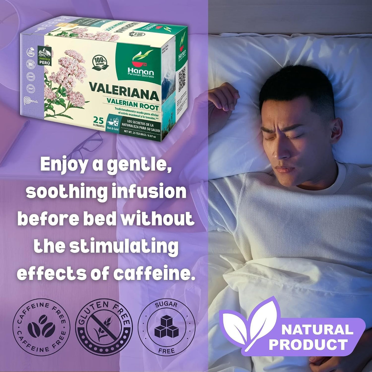 Hanan Valerian Root Tea (Valeriana) - 25 Herbal Tea Bags from Peru – Nature’s Calming Supplement for Relaxation Before Bed – 1000mg Valeerian Valerain per Filtered Teabag
