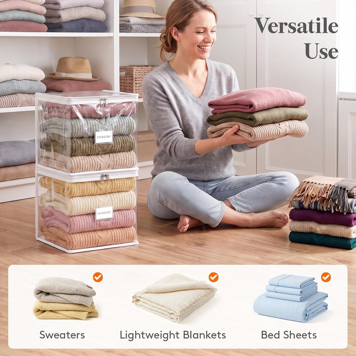 Lifewit Clear Zippered Storage Bags, Plastic Sweater Storage Bags Clothing Organizer for Blankets Linen Sweater Bed Sheet Quilt Clothes (15.7 x 13.8 x 3.9 Inch)