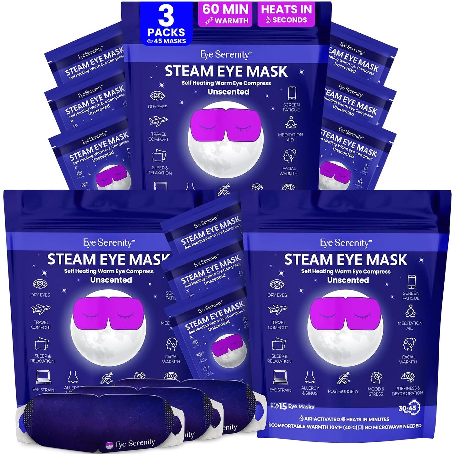 Eye Serenity Steam Eye Mask, Heated Eye Mask, Self Heating Warm Compress for Dry Eyes, Fast Relief for Stye, Puffy Sensitive Eyes, Moist Heat, Gift for Women and Men - Unscented