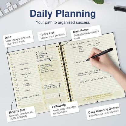 AuroPlanner Undated Daily Planner To Do List Hourly Schedule 2028 2027 2026 Calendar & Holiday Habit Tracker 180 Pages Letter Size 8.5" x 11" Sheets Hardcover Spiral Bound Notebook (Red)
