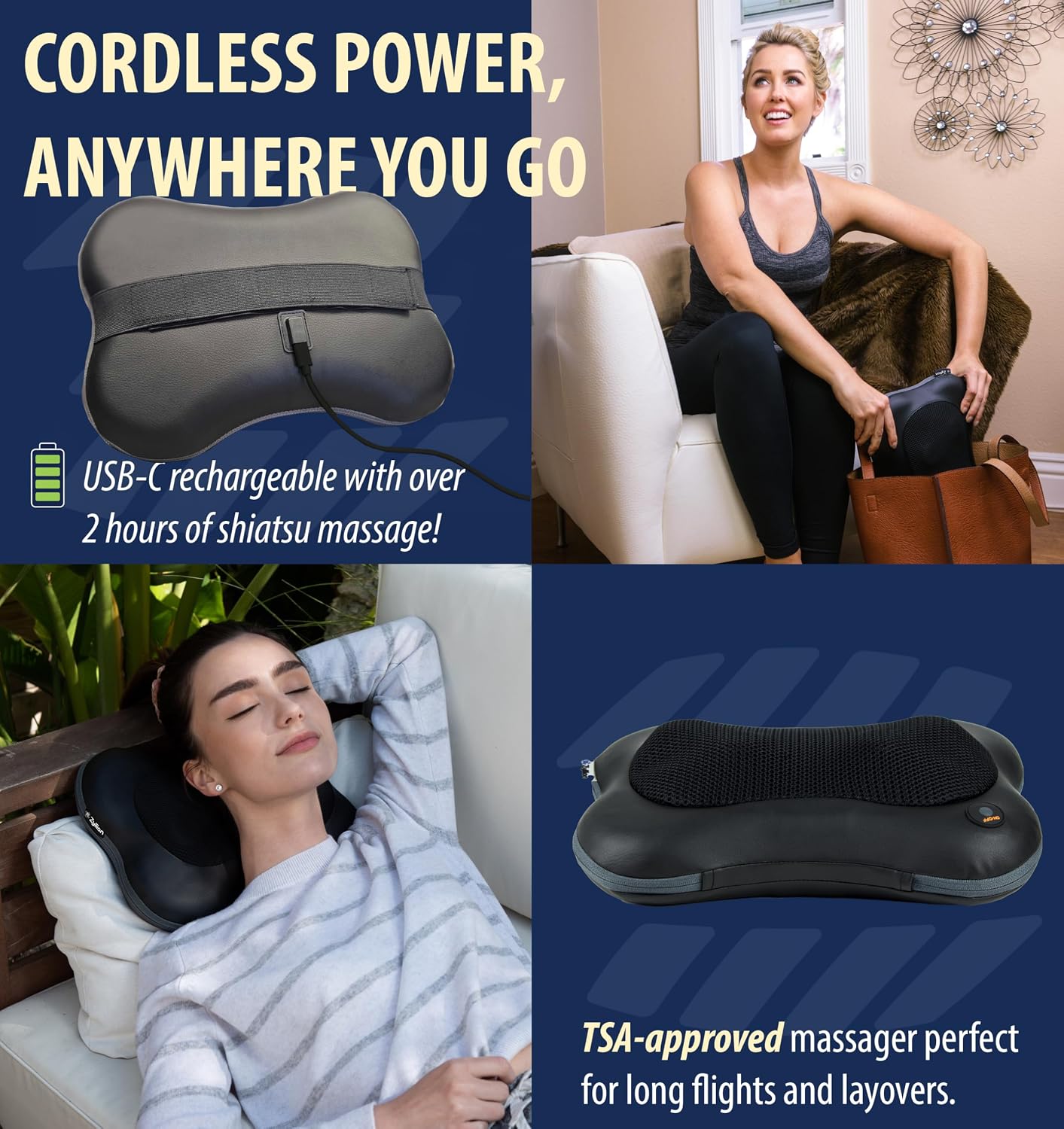 Zyllion Shiatsu Back and Neck Massager with Heat - 3D Electric Kneading Deep Tissue Massage Pillow with 8 Massaging Nodes for Muscle Pain Relief, Black, ZMA-25