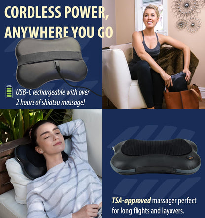 Zyllion Shiatsu Back and Neck Massager with Heat - 3D Electric Kneading Deep Tissue Massage Pillow with 8 Massaging Nodes for Muscle Pain Relief, Black, ZMA-25