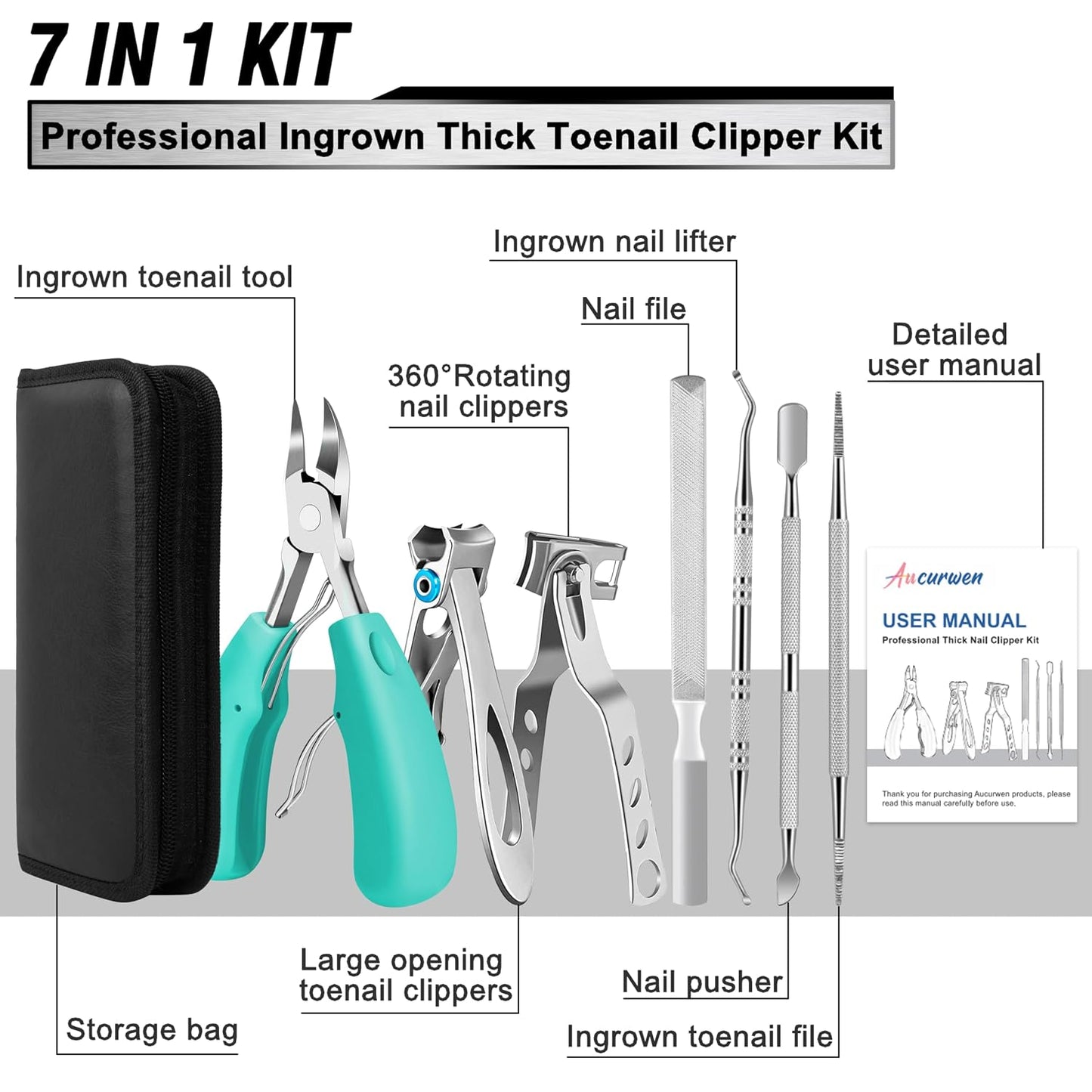 Toenail Clippers for Seniors Thick Toenails, Aucurwen Heavy Duty Toe Nail Clippers Adult Thick Nails Long Handle, Large Toenail Clippers for Thick Nails 7Pcs