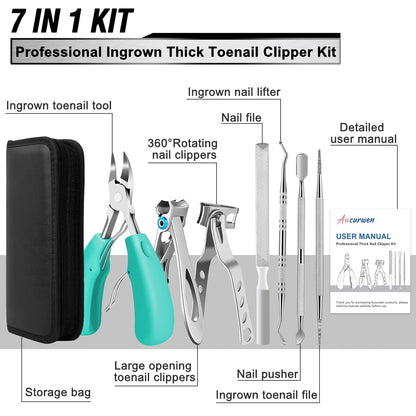 Toenail Clippers for Seniors Thick Toenails, Aucurwen Heavy Duty Toe Nail Clippers Adult Thick Nails Long Handle, Large Toenail Clippers for Thick Nails 7Pcs