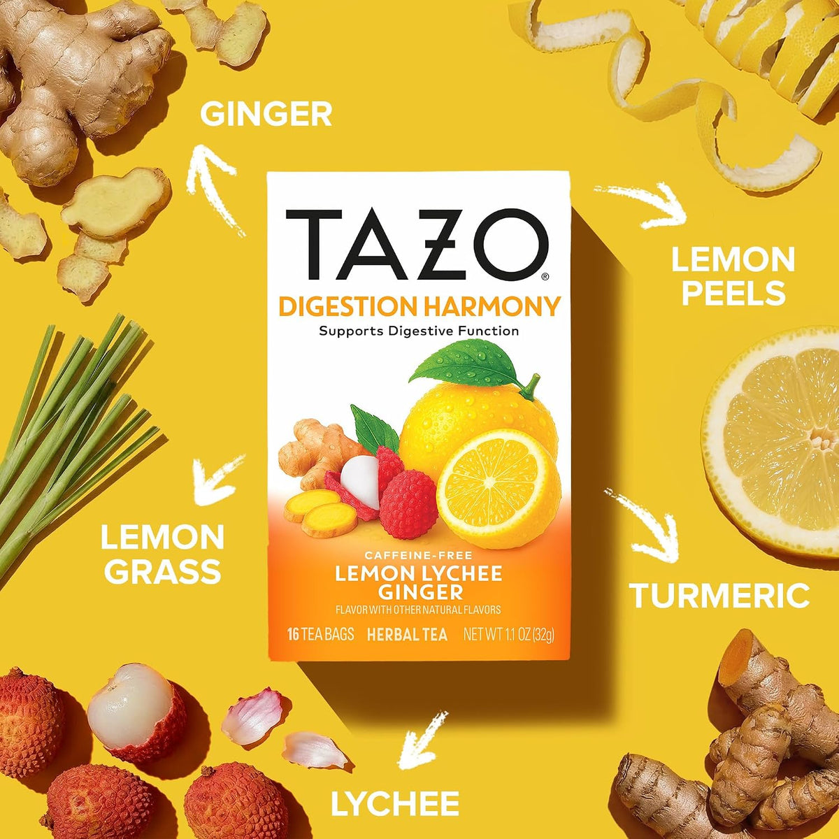 Tazo Digestion Harmony Herbal Tea Bags, Lemon Ginger Lychee, 16ct, 6-Pack