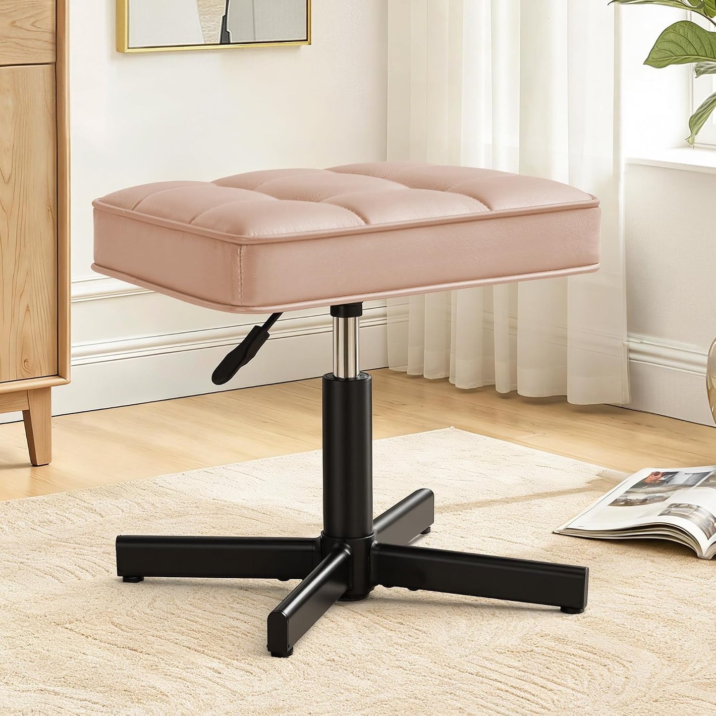 LUE BONA Adjustable Vanity Stool, Foot Rest Under Desk, 360° Swivel Vanity Chair for Makeup Room, Black Upholstered Faux Leather Ottoman for Bathroom & Living Room, 300lbs