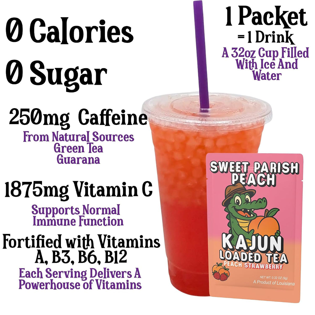 Kajun Loaded Tea Packets – Sweet Parish Peach | Peach & Strawberry Flavor | Sugar Free Energy Tea Powder | 250mg Green Tea Caffeine | Zero Calories | Keto Friendly