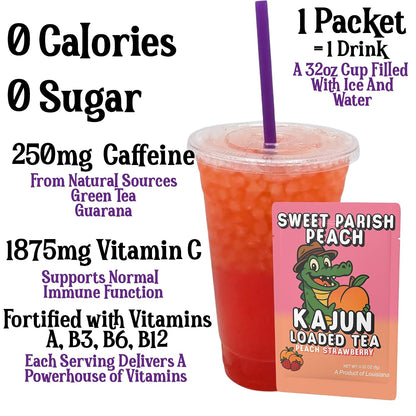 Kajun Loaded Tea Packets – Sweet Parish Peach | Peach & Strawberry Flavor | Sugar Free Energy Tea Powder | 250mg Green Tea Caffeine | Zero Calories | Keto Friendly