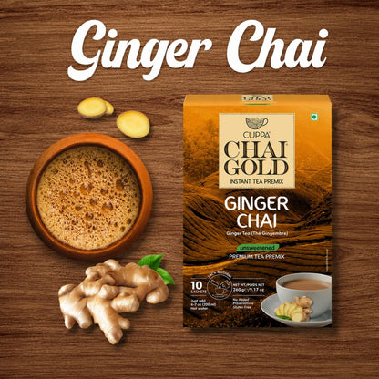 Cuppa Chai Gold Cardamom Chai Instant Tea Premix Unsweetened, No Added Sugar, Rich Cardamom Flavor Tea Beverage Mix, Just Add Hot Water, Convenient Single-Serve Sachets for Home, Office & Travel, Pack of 1 (10 Count)