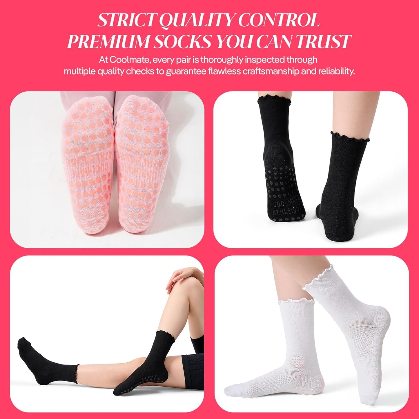 COOLMATE Pilates Socks with Grips for Women, Yoga Socks, Crew Non Slip Women for Barre, Pilates Gifts for Women - Colors A