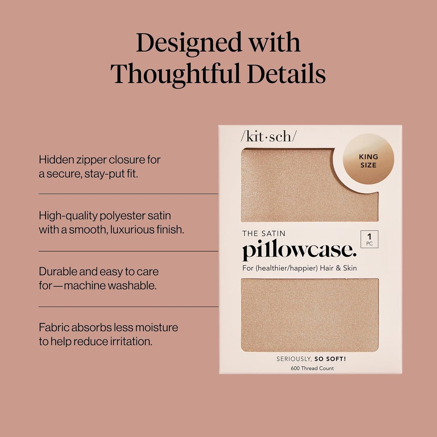 Kitsch Satin Pillowcase with Zipper for Hair & Skin - Softer Than Silk Pillow Cases, Smooth Cooling Satin Pillow Case, Wrinkle-Free, Machine Washable - Pillow Cases Standard Size (19x26) - Blush