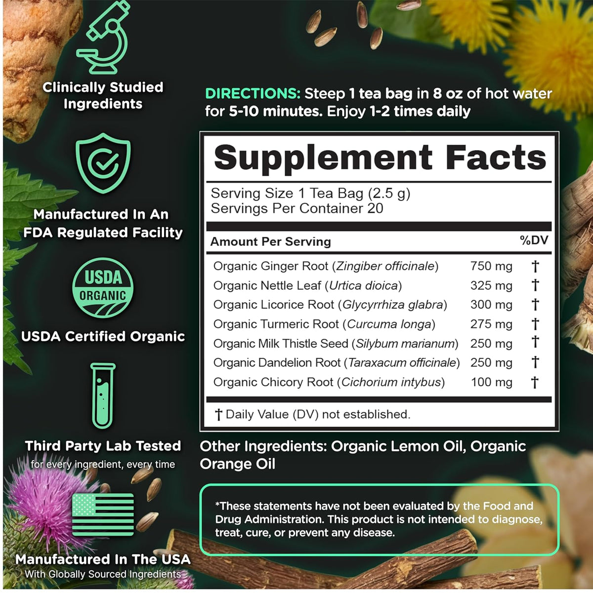 SuperBonsai Organic Liver Detox Tea – Dandelion Root & Milk Thistle Herbal Tea for Liver Support, Digestive Detox & Cleanse – Turmeric, Ginger & Nettle Botanical Blend – 20 Organic Tea Bags