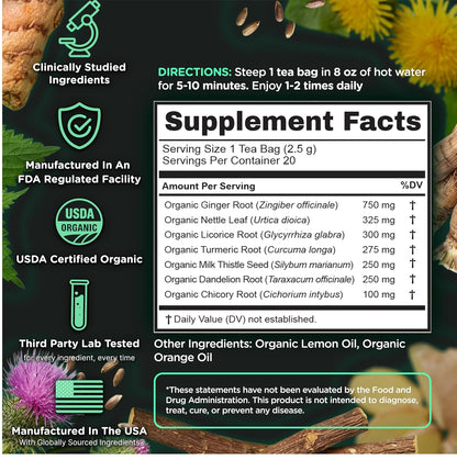 SuperBonsai Organic Liver Detox Tea – Dandelion Root & Milk Thistle Herbal Tea for Liver Support, Digestive Detox & Cleanse – Turmeric, Ginger & Nettle Botanical Blend – 20 Organic Tea Bags