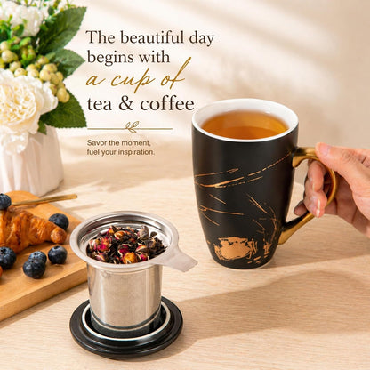 AmorArc Porcelain Tea Mug with Infuser and Lids, 18 Oz Large Cup Strainer with Bag Holder for Loose Leaf Tea, Steeping Coffee Mug for House-warming Wedding Birthday Gift