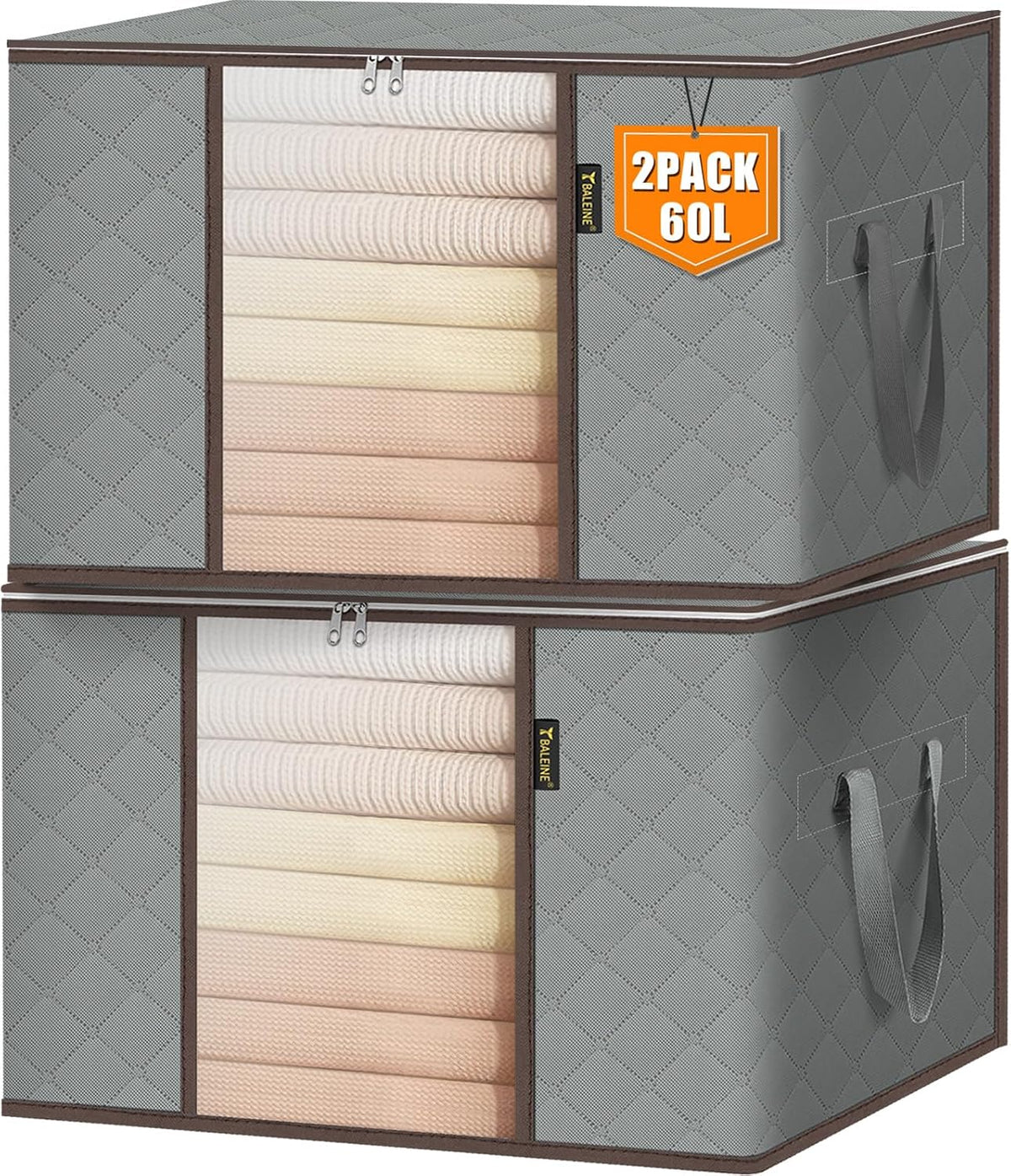BALEINE Clothes Storage Bags, 24 Gallon Storage Containers with Reinforced Handle, Sturdy Zipper, Closet Organizer for Blanket, Comforter, Pillow, Bedding (Brown)