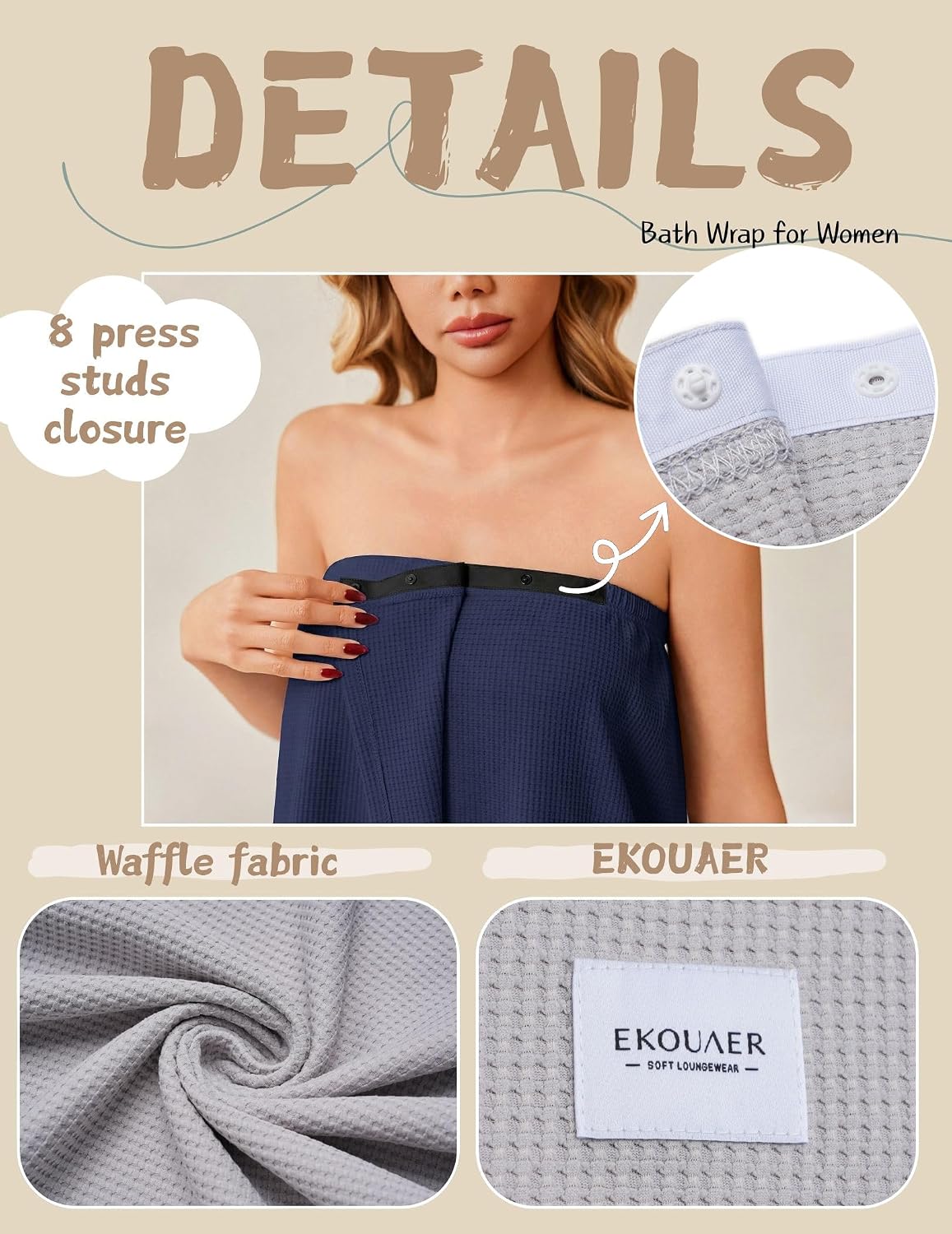 Ekouaer Waffle Robes Towel Wrap for Women Bath Wrap Lightweight Spa Robe