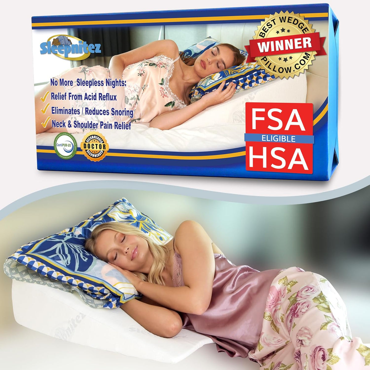Sleepnitez FSA Eligible 8" Bed Wedge Pillow for Acid Reflux, Sleep Apnea