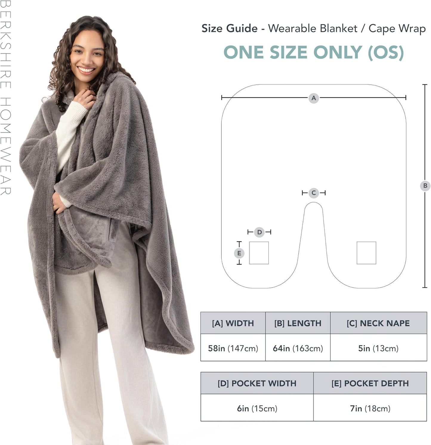 Berkshire Faux Fur Wearable Blanket, Cozy Reversible Loftmink Fleece Shawl with Hood & Side Pockets