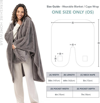 Berkshire Faux Fur Wearable Blanket, Cozy Reversible Loftmink Fleece Shawl with Hood & Side Pockets