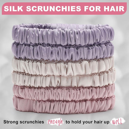 6Pcs Silk Hair Ties 100% Pure Mulberry Silk Scrunchies for Women Girls | No Hair Crease, Anti Frizz, Gentle Hold, No Damage, Black Brown Pink