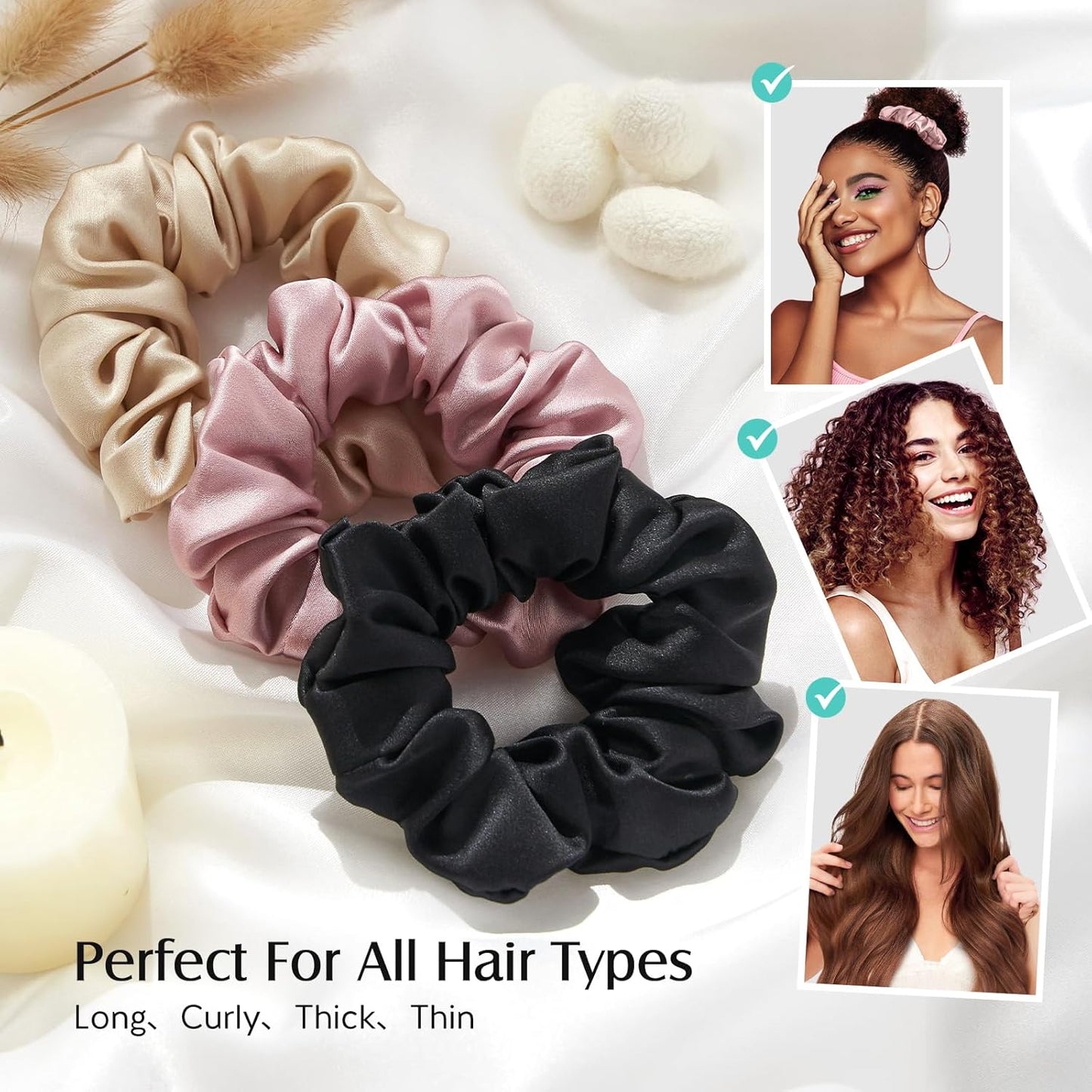 YFONG 3 PCS 100% Mulberry Silk Scrunchies for Women Girls, 22 Momme Soft Hair Ties for Frizz & Breakage Prevention, Elastic Ponytail Holders Gentle And No hurt, (Pink+Champagne+Plum Purple)