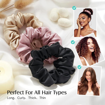 YFONG 3 PCS 100% Mulberry Silk Scrunchies for Women Girls, 22 Momme Soft Hair Ties for Frizz & Breakage Prevention, Elastic Ponytail Holders Gentle And No hurt, (Pink+Champagne+Plum Purple)