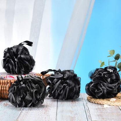 Yoget Bath Loofah Sponge, 4 Pack Black 60G Shower Mesh Ball Soft Pouf Body Scrubber, Exfoliate, Cleanse, Soothe Skin, Black Loofah with White Trim