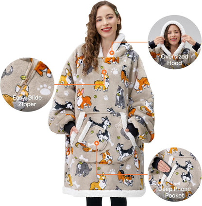 Giggling Getup Wearable Blanket Hoodie for Adults Gifts for Teen Girls Sister Women Sherpa Fleece Printed Hooded Blanket Sweatshirt Warm Cozy with Pocket & Sleeves Beige Cat