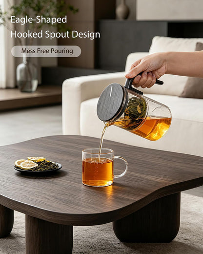 ZENS Magnetic Tea Pot, Enchanted Glass Teapot with Infuser and Magnetic Suction Lid for Mess-Free Loose Tea Diffusers, Walnut Wood Handle, Tea Lovers Gifts