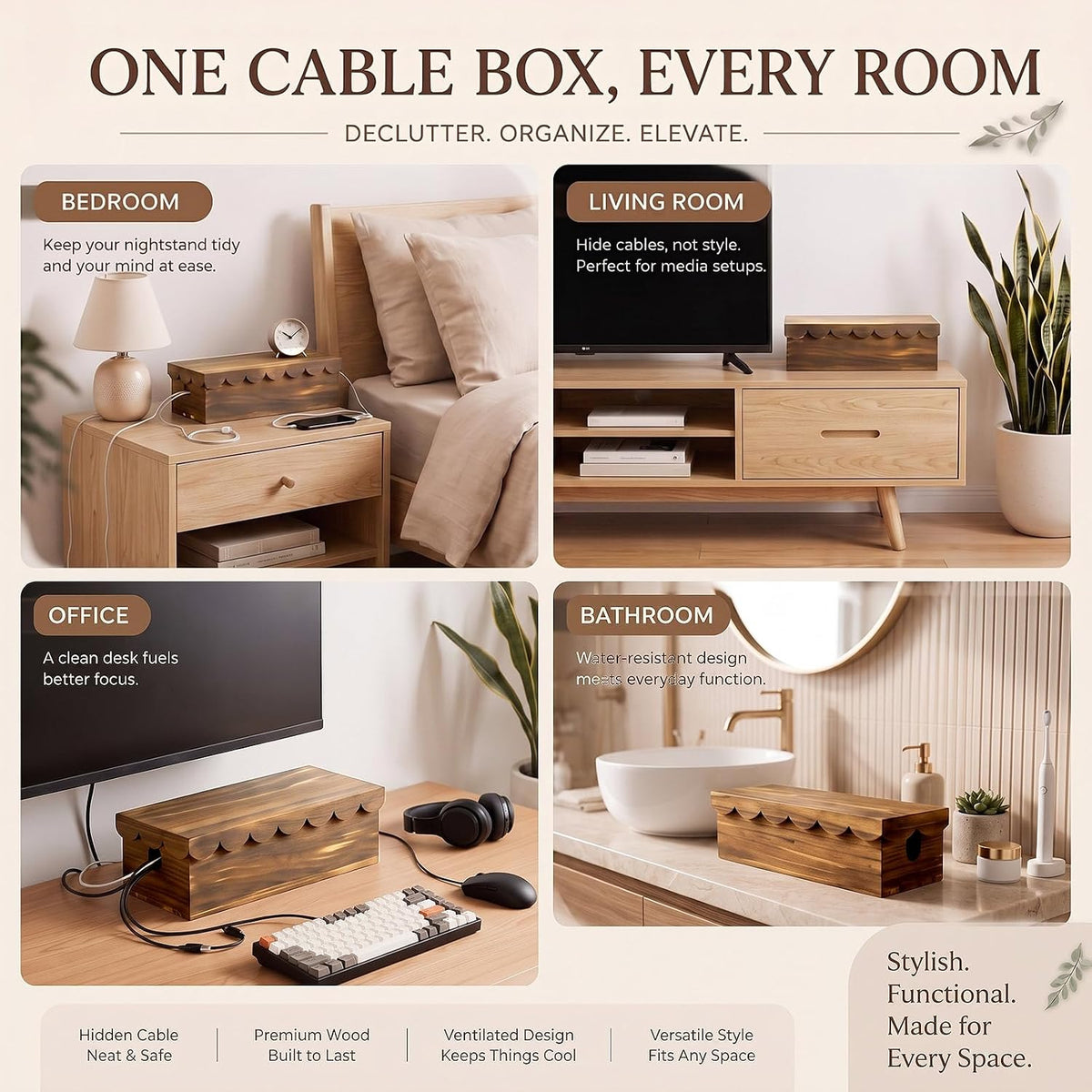 Patelai 2 Pcs Wooden Cord Basket Hider Cable Management Box Scalloped Edge
